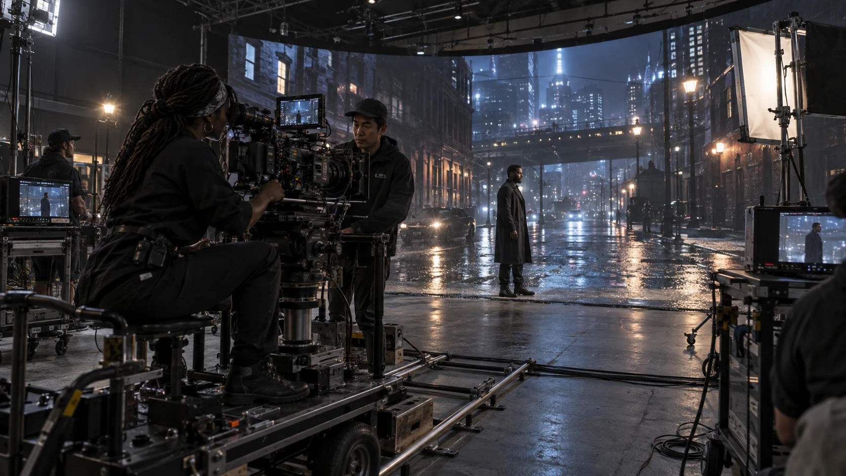 A diverse film crew operating a cinema camera beside a virtual night-city stage