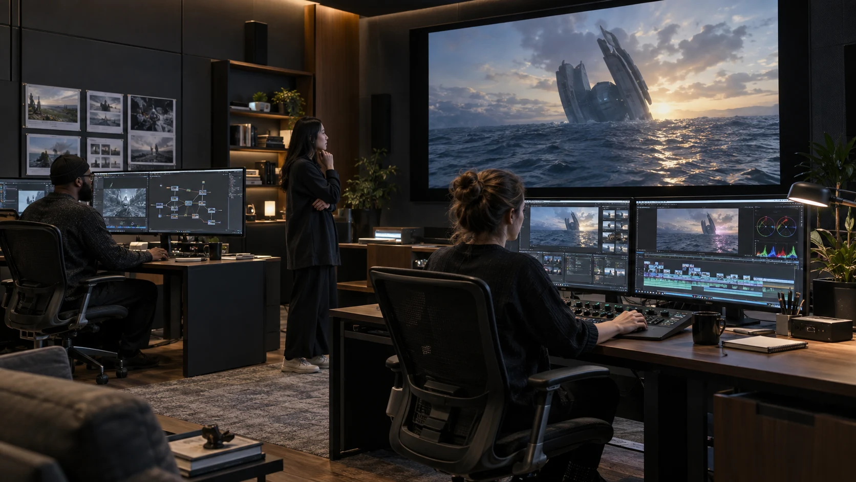 Editors and VFX artists collaborating in a spacious finishing suite with compositing and cinema review screens